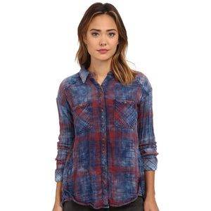 Free People Plaid Double Cloth Shirt in Faded Blue and Brick Red Fall Winter